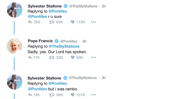 Illustration for article titled Heartbreaking: Pope Francis Told Sylvester Stallone Over Twitter That He Did Everything He Could But Sylvester’s Going To Hell